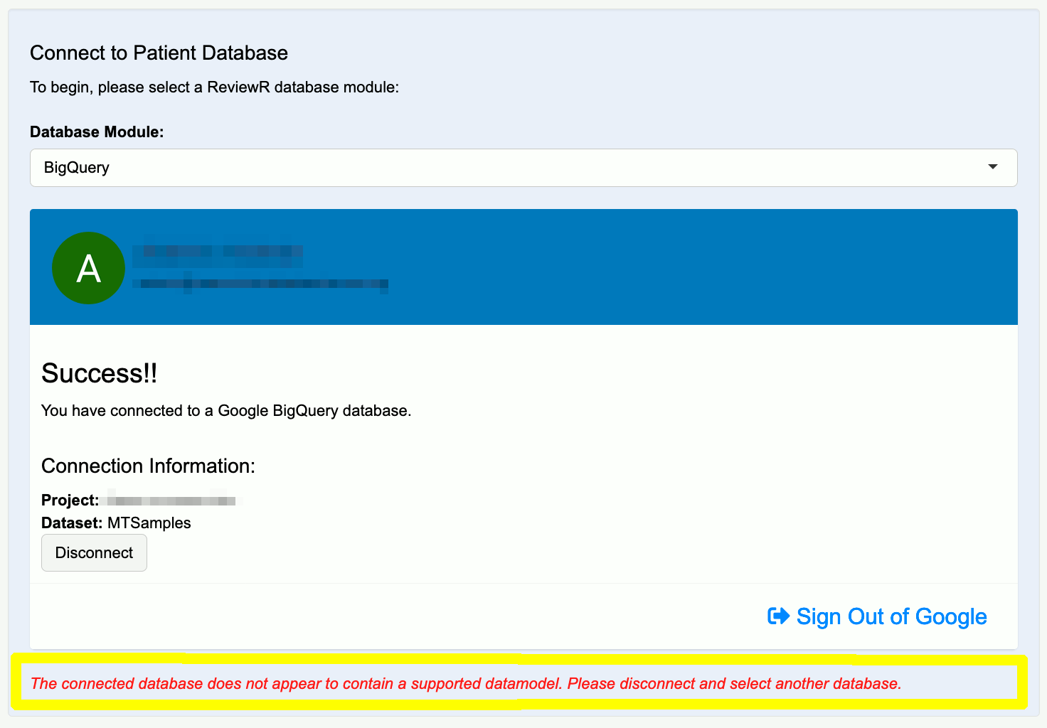 *Error when connecting to a database with an unsupported data model.*